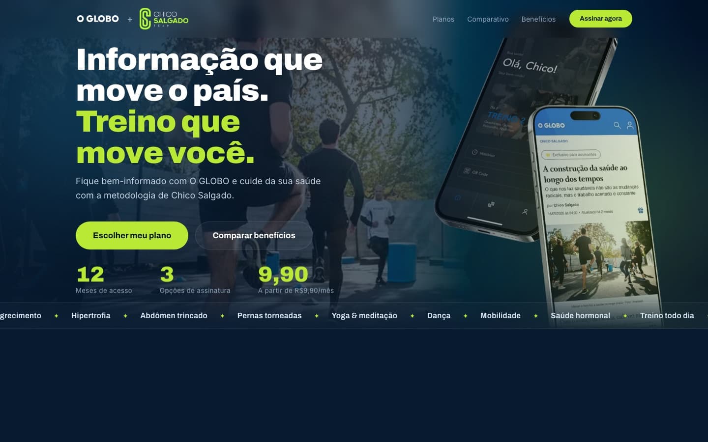 O Globo + Chico Salgado: co-branding with a bundled plan and a benefits comparison.