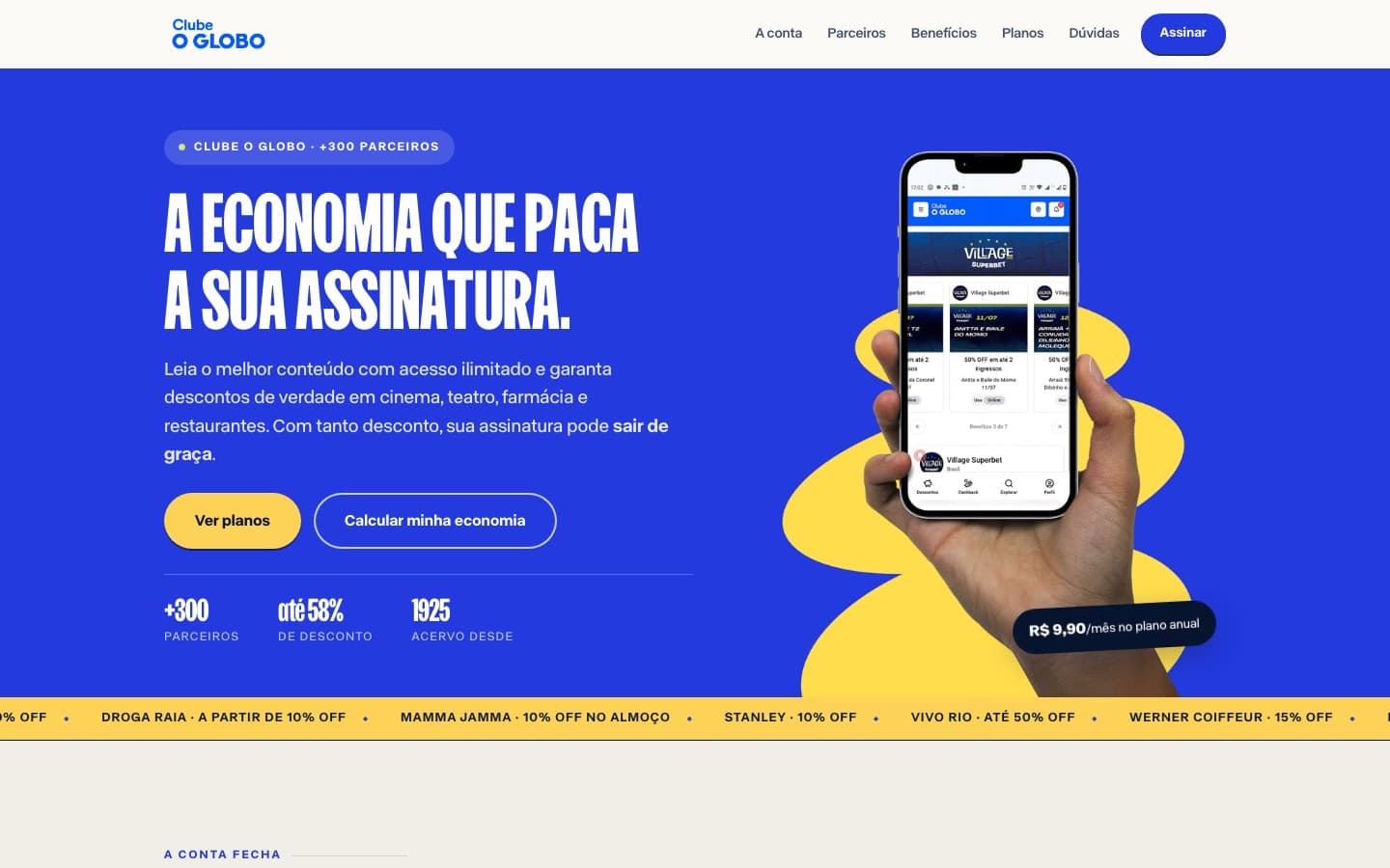 Clube O Globo: a calculator adds up the discounts the reader would use and compares them with the subscription price.