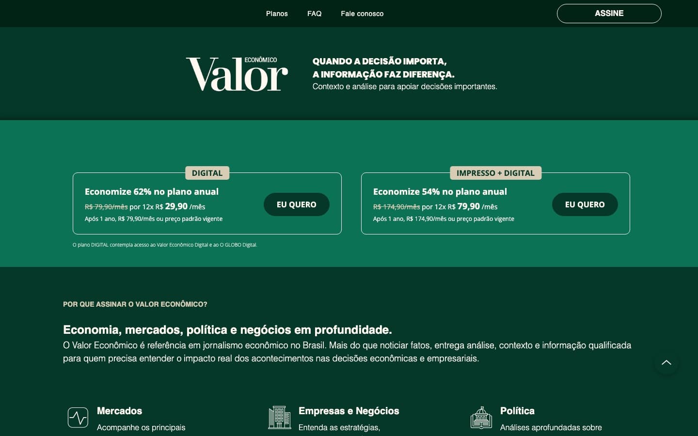 Valor Econômico, institutional version: brand and value proposition before the plans.