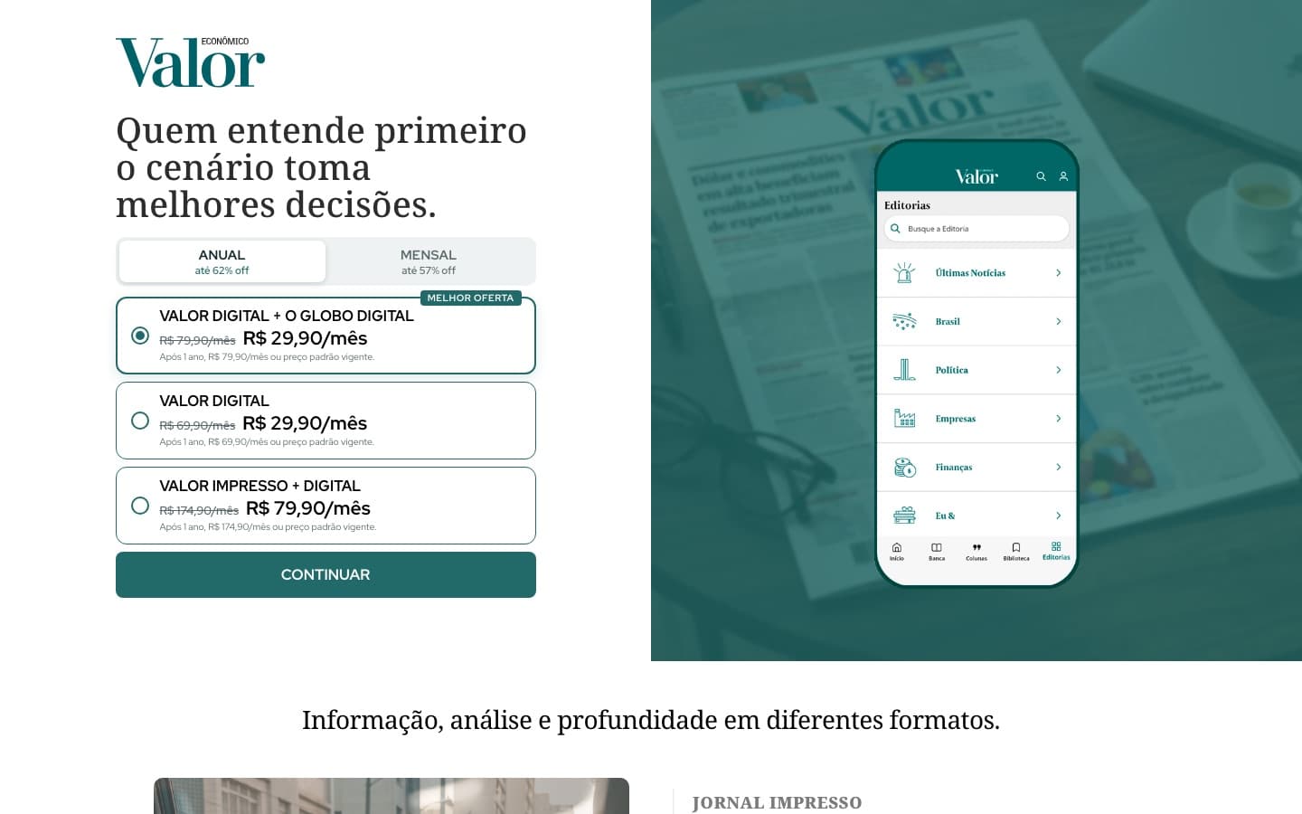 Valor Econômico, direct version: plans above the fold, with the best offer preselected.