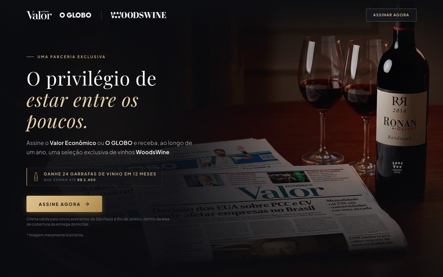 Valor and O Globo × WoodsWine: a premium partnership, with its own visual language for the print edition.