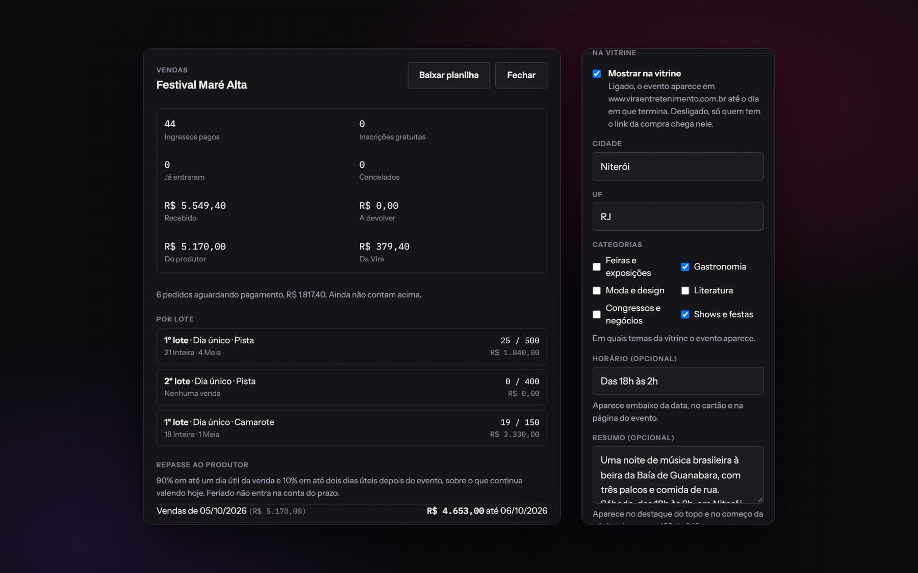 Sales and payouts for a demo event, next to the storefront controls. The 90% payout in one business day and 10% after the event is calculated by the system.