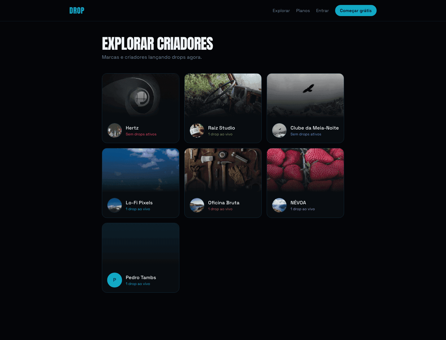 Creator directory: each brand with its own storefront and live drops