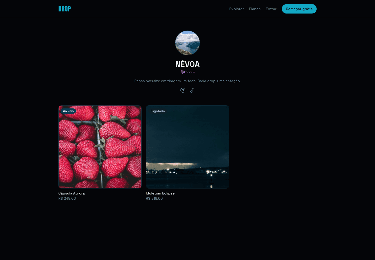 Creator storefront with the brand's accent color and drops by status