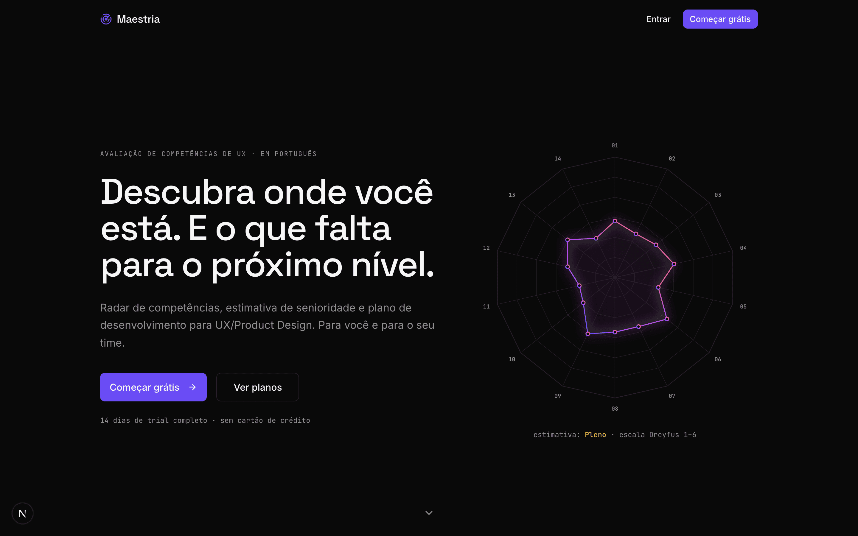 Landing: the 'living radar' draws itself and continuously morphs between Junior → Mid → Senior profiles.