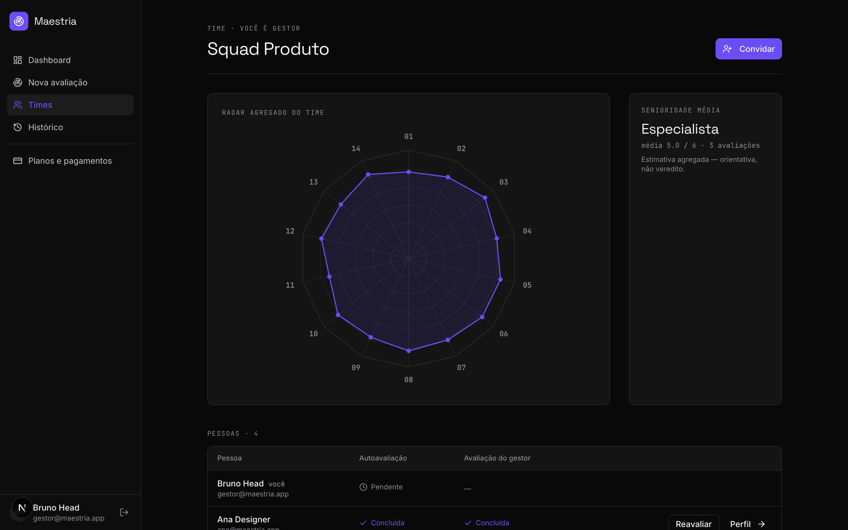 Aggregate team radar and average seniority.