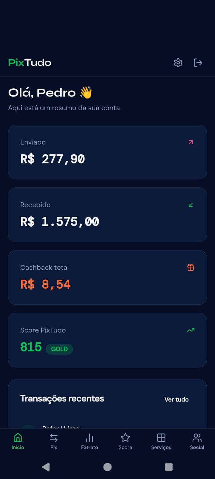 Home — financial summary & cashback