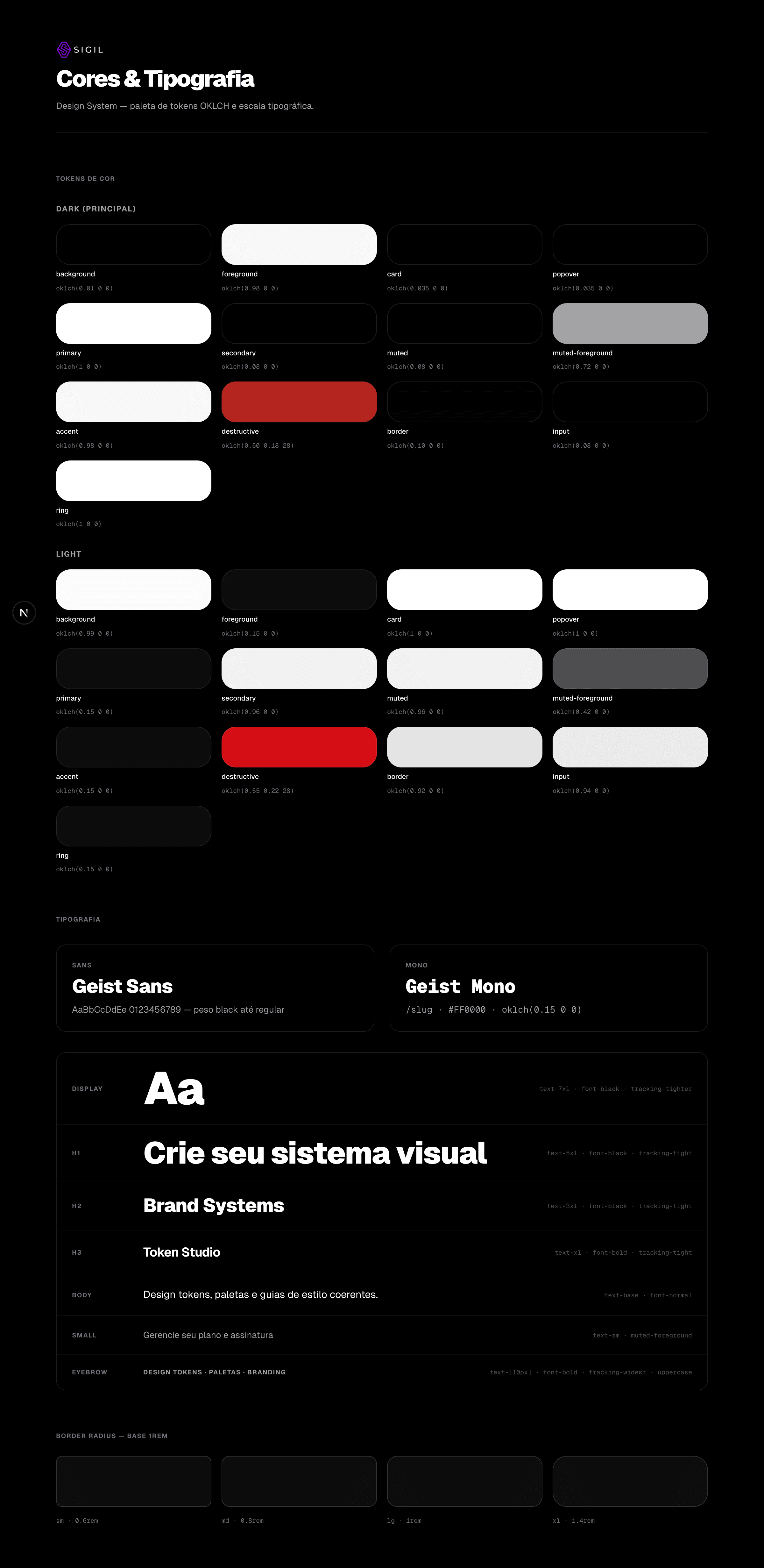 Color palette and typography (dark theme).